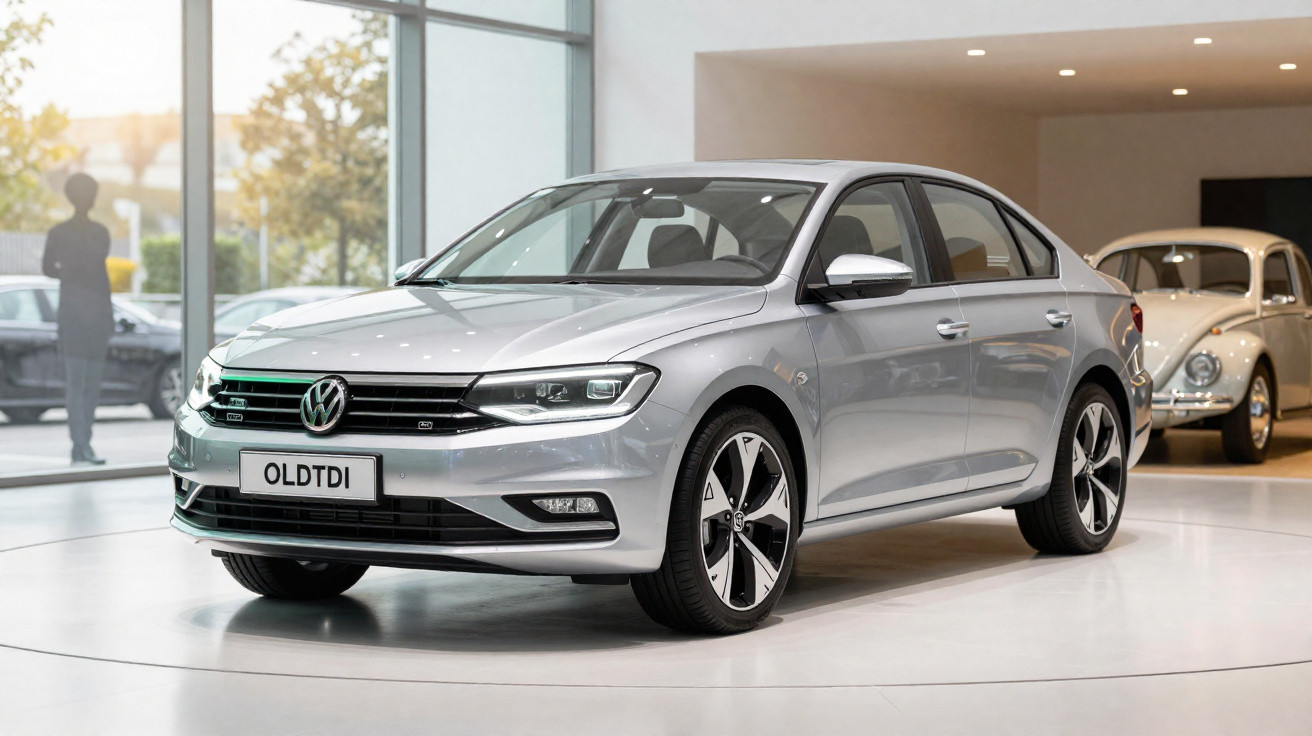 Carro prata Volkswagen sedã moderno exposto em ambiente interno iluminado com outro carro clássico ao fundo.