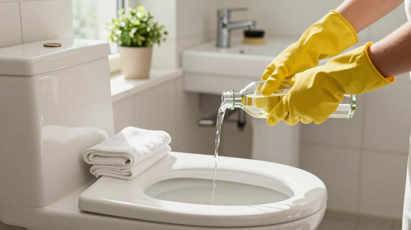 Pessoa com luvas amarelas despejando líquido em vaso sanitário branco em banheiro claro.