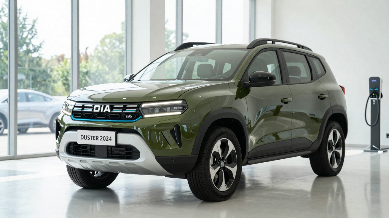 SUV elétrico verde Dacia Duster 2024 em showroom, com carregador visível ao fundo.