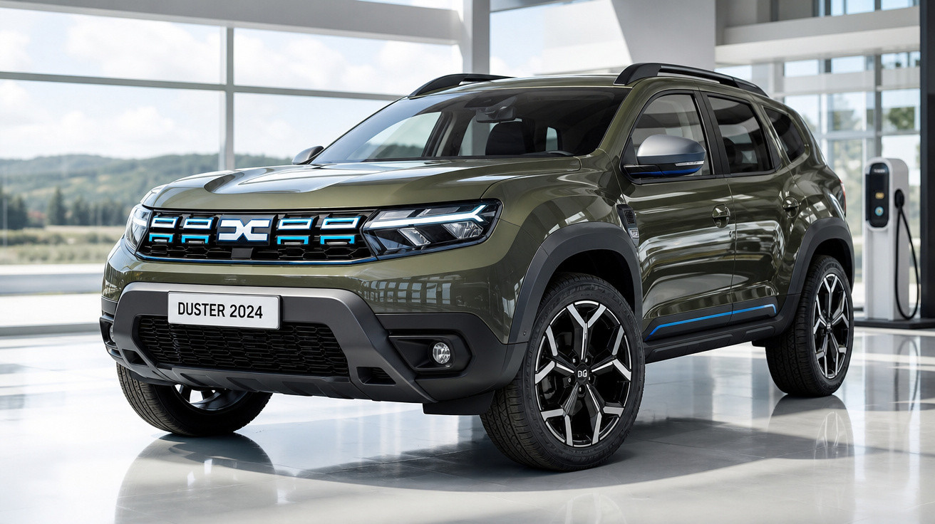 SUV verde Duster 2024 estacionado em ambiente interno com design moderno e rodas grandes.