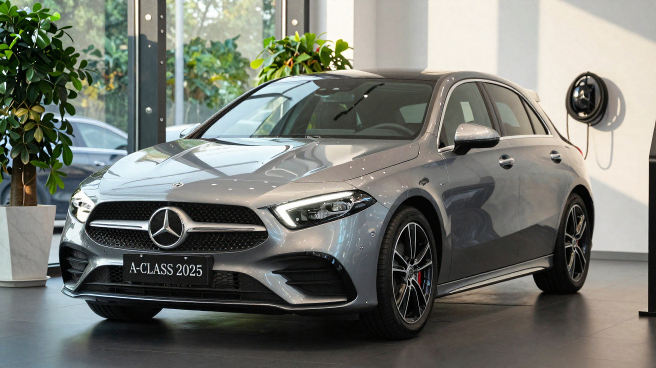 Carro Mercedes-Benz A-Class 2025 prata exibido em showroom com plantas ao fundo.