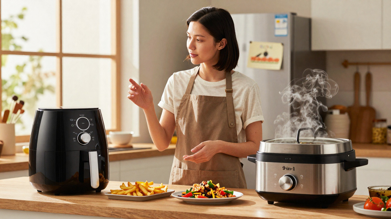 Mulher na cozinha com fritadeira elétrica, pratos de batata frita e salada, e panela elétrica com vapor.