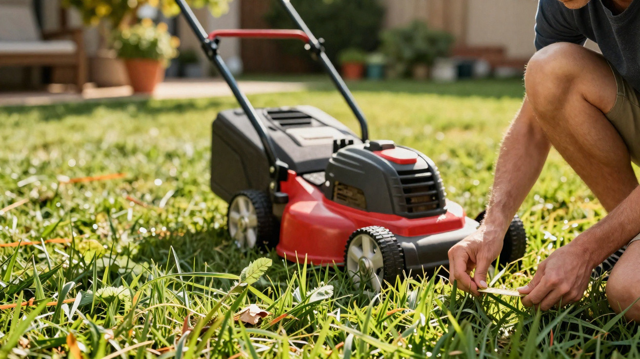 Pessoa agachada cortando a mão plantas daninhas em um jardim com cortador de grama vermelho ao fundo.