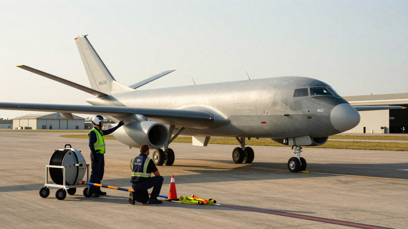 Funcionários de solo em uniforme realizam manutenção em avião cinza estacionado em pista de aeroporto.