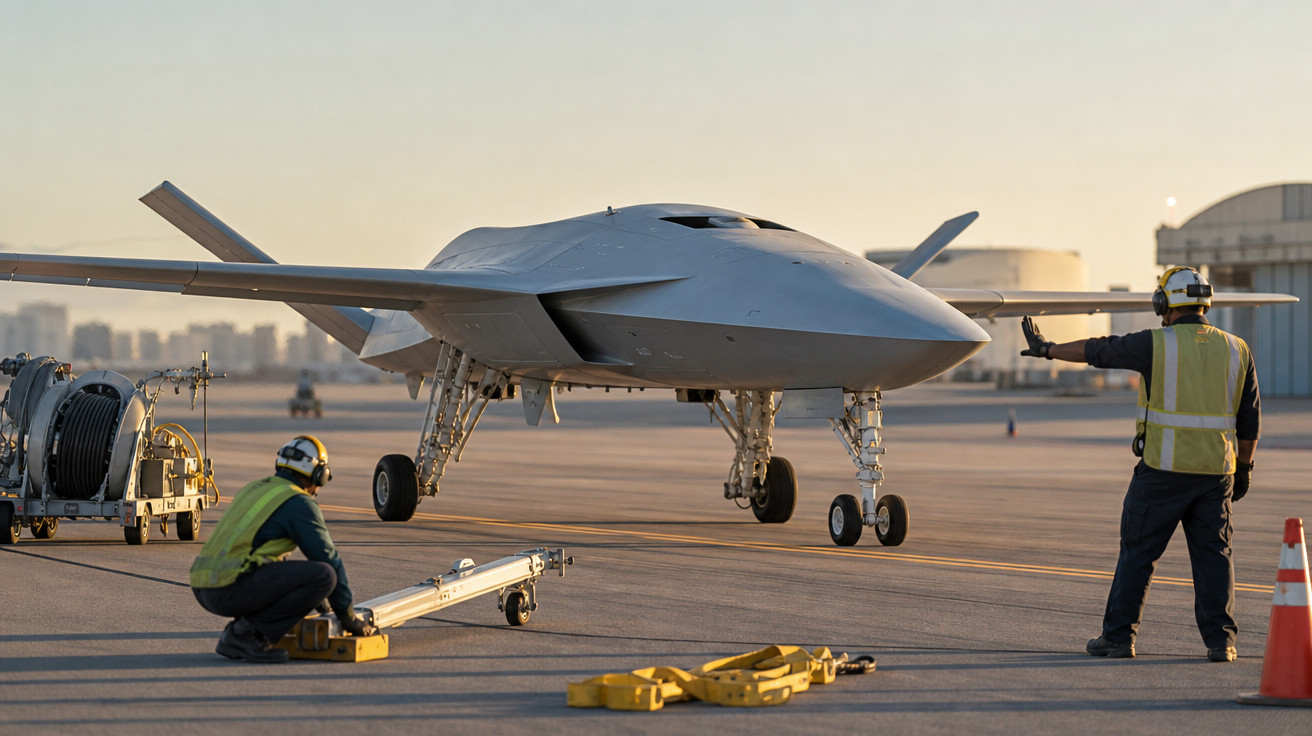 Drone militar cinza no aeroporto com dois trabalhadores em coletes refletivos coordenando o movimento.