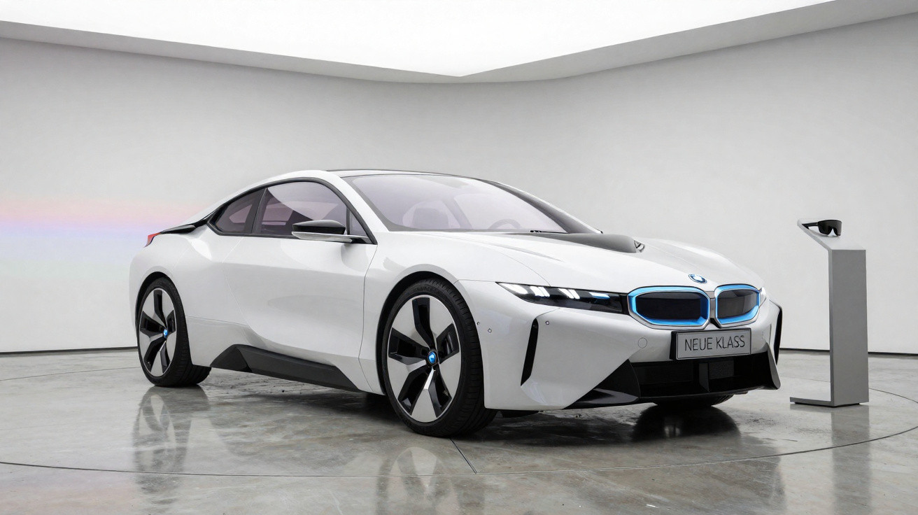 Carro BMW elétrico branco modelo esportivo exibido em ambiente minimalista com piso de concreto polido.