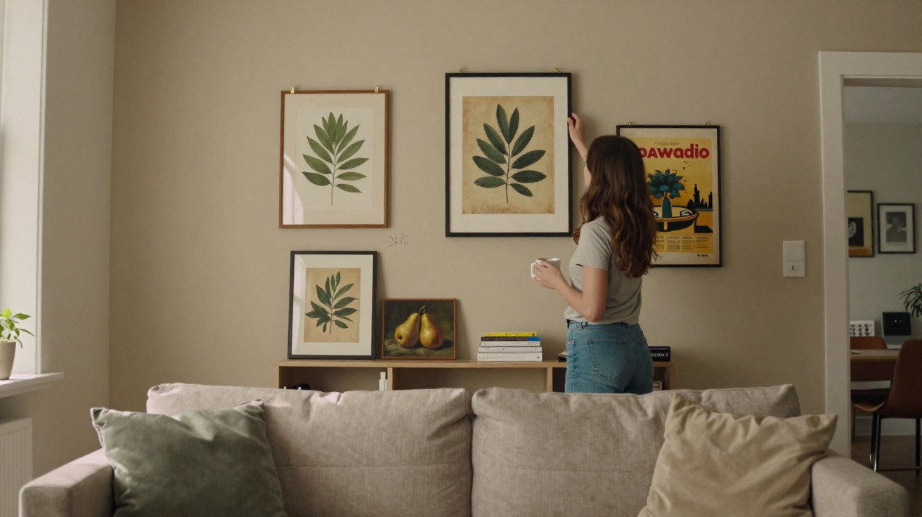 Mulher decorando parede com quadros de folhas e natureza em sala com sofá e almofadas claras.