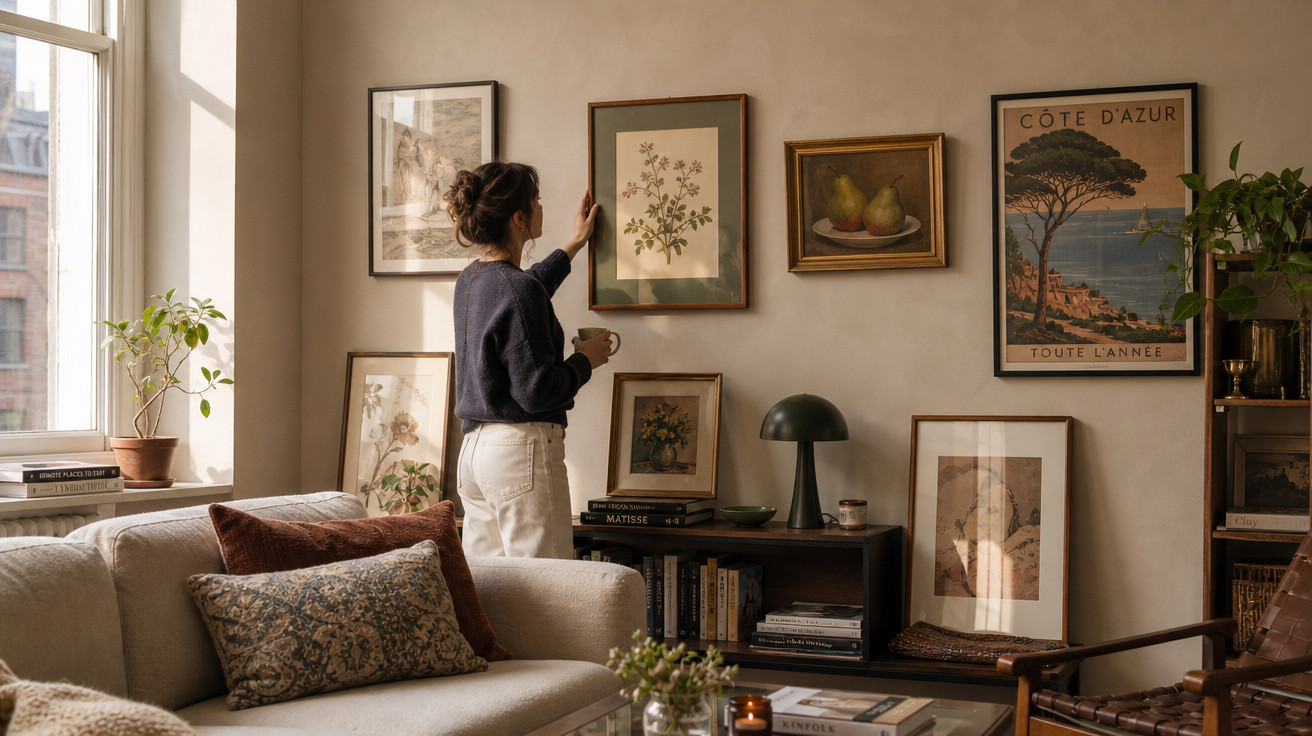 Mulher ajusta quadro de plantas em sala de estar com decoração aconchegante e luz natural.