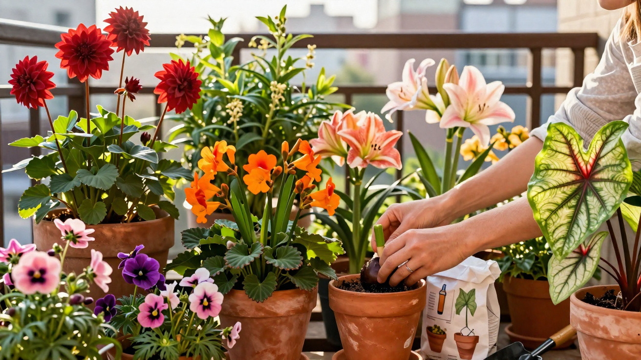 Mãos plantando flor em vaso cerâmico com várias plantas e flores coloridas em varanda ensolarada.