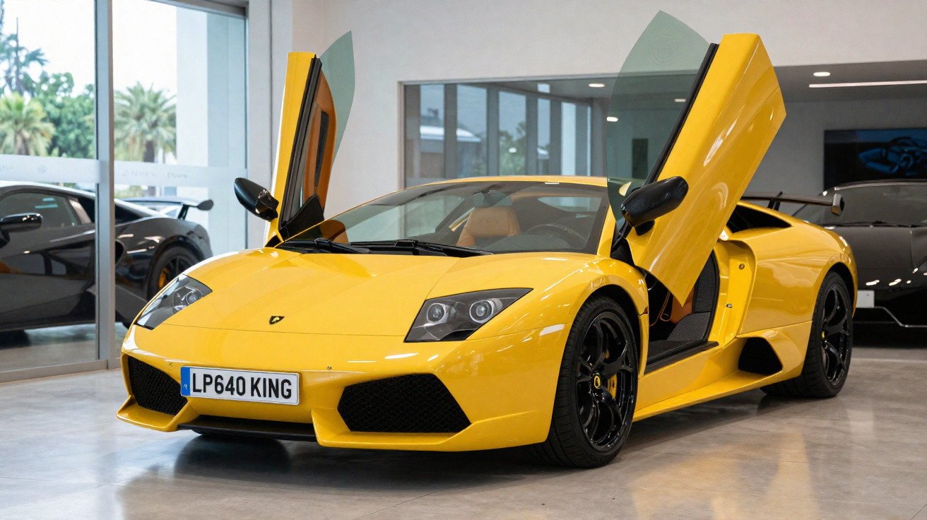 Carro esportivo amarelo com portas abertas para cima em showroom moderno.