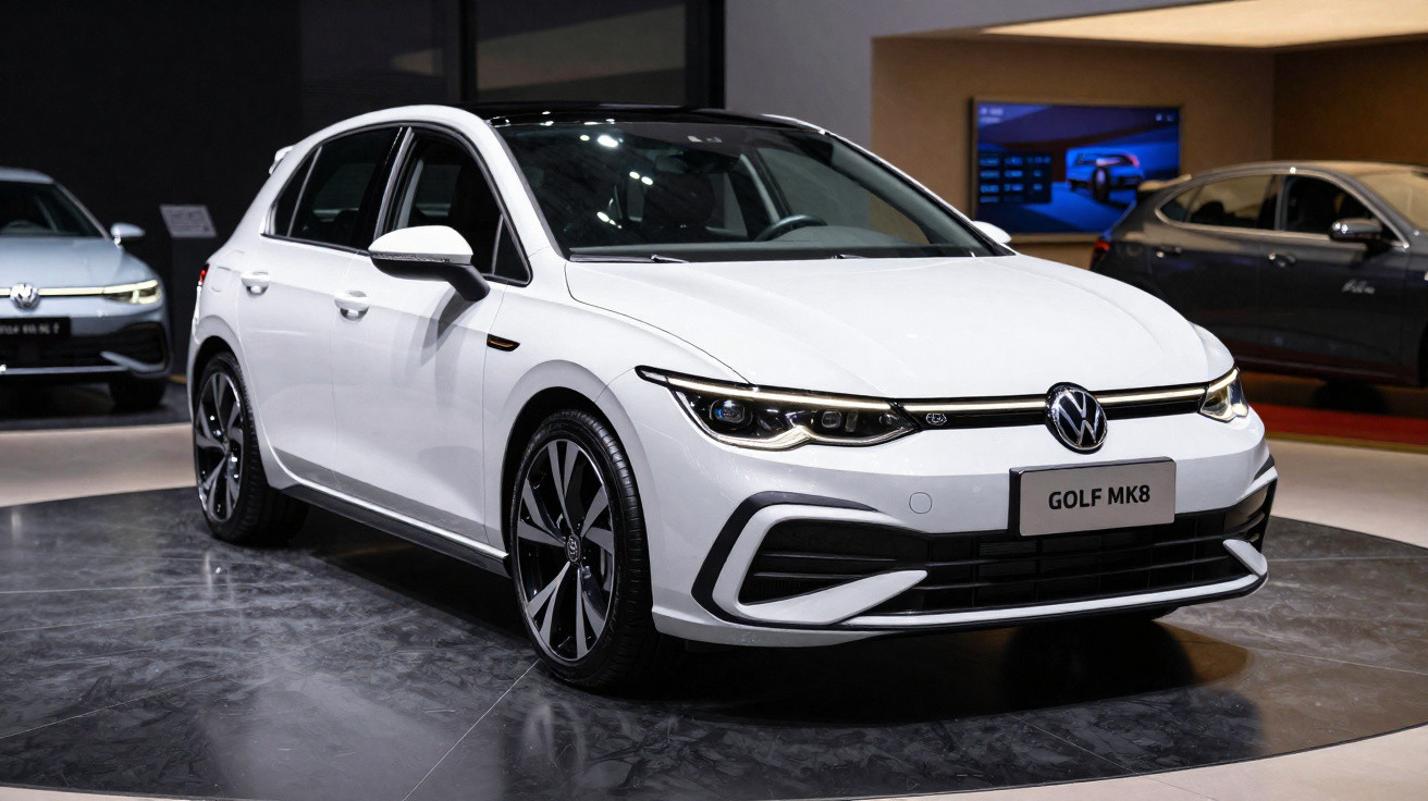 Carro branco Volkswagen Golf MK8 em exposição em salão automotivo com iluminação artificial.