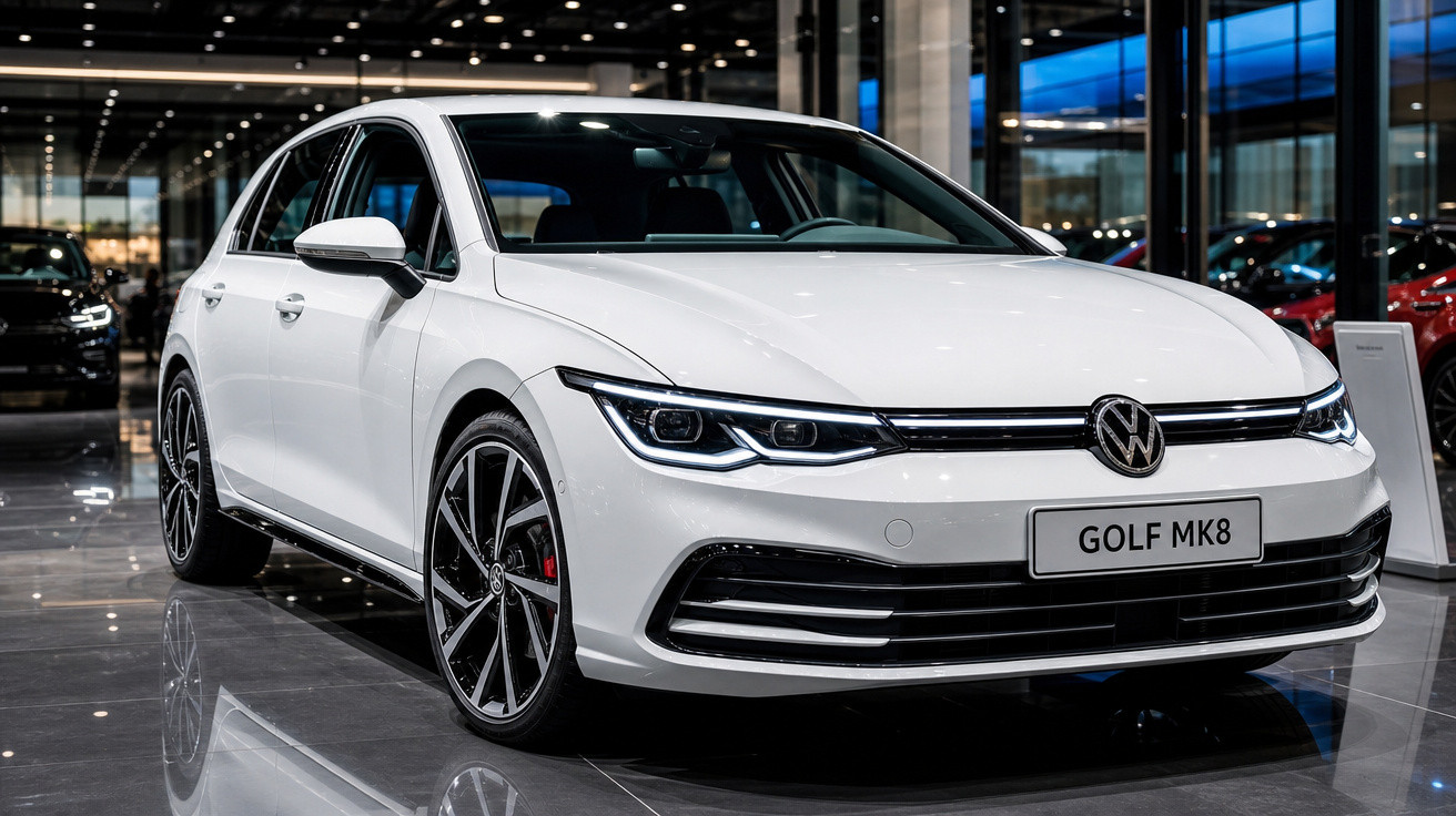Carro branco Volkswagen Golf MK8 estacionado em showroom moderno com piso brilhante.