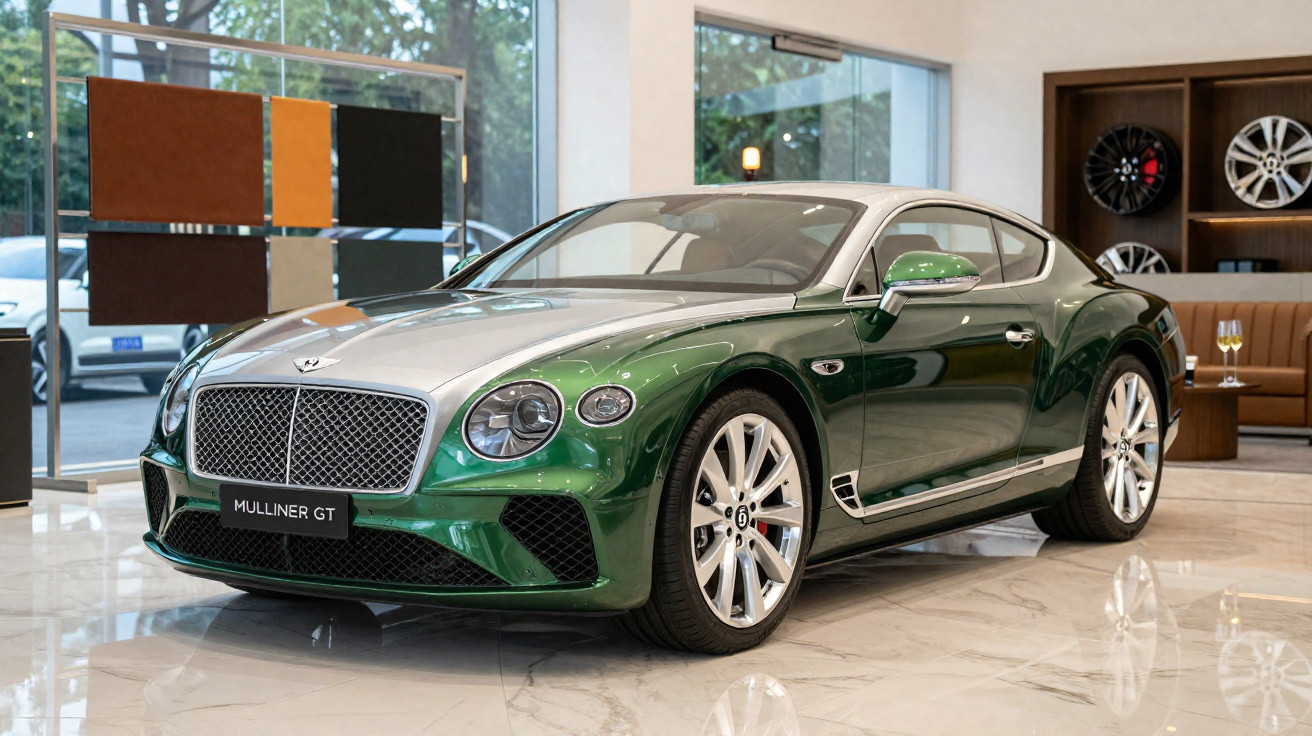 Carro esportivo Bentley Mulliner GT verde e prata exibido em showroom com piso de mármore.