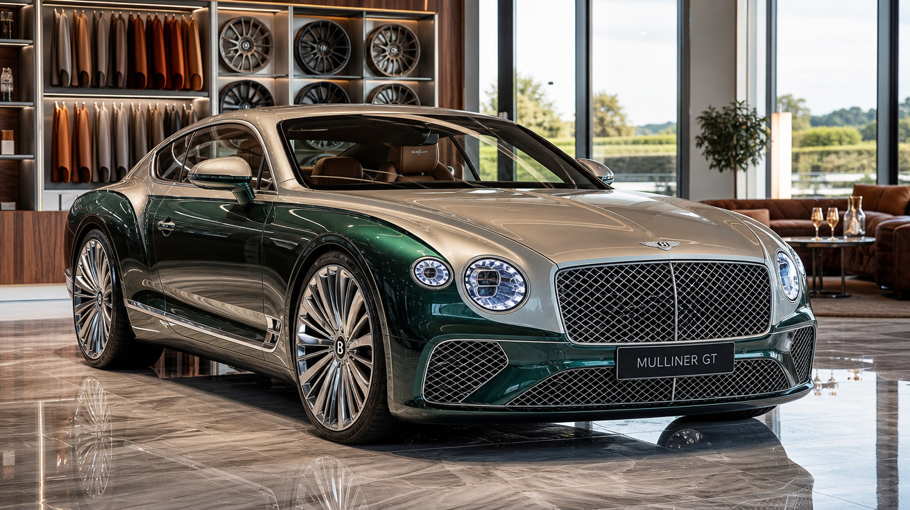 Carro Bentley Mulliner GT verde e prata em sala com rodas personalizadas e amostras de couro ao fundo.