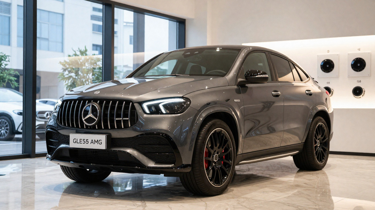 SUV Mercedes-Benz cinza GLE55 AMG estacionado em showroom com piso de mármore brilhante.