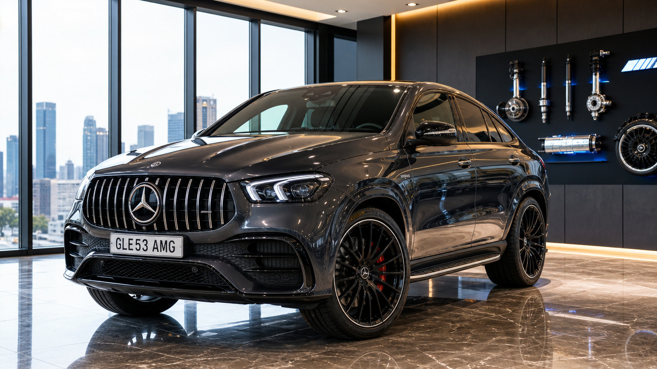 Carro Mercedes-Benz GLE 53 AMG cinza em showroom com estrutura de vidro e peças expostas na parede.