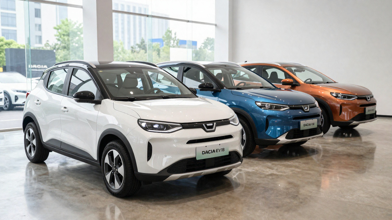 Três carros elétricos Dacia EV18 nas cores branca, azul e laranja em exposição dentro de showroom.
