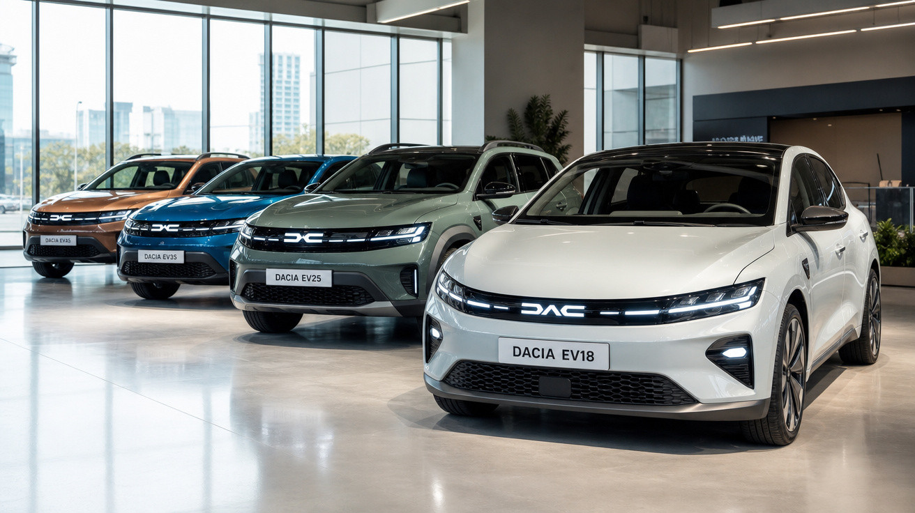 Cinco carros elétricos Dacia EV em diferentes cores expostos em showroom moderno e iluminado.