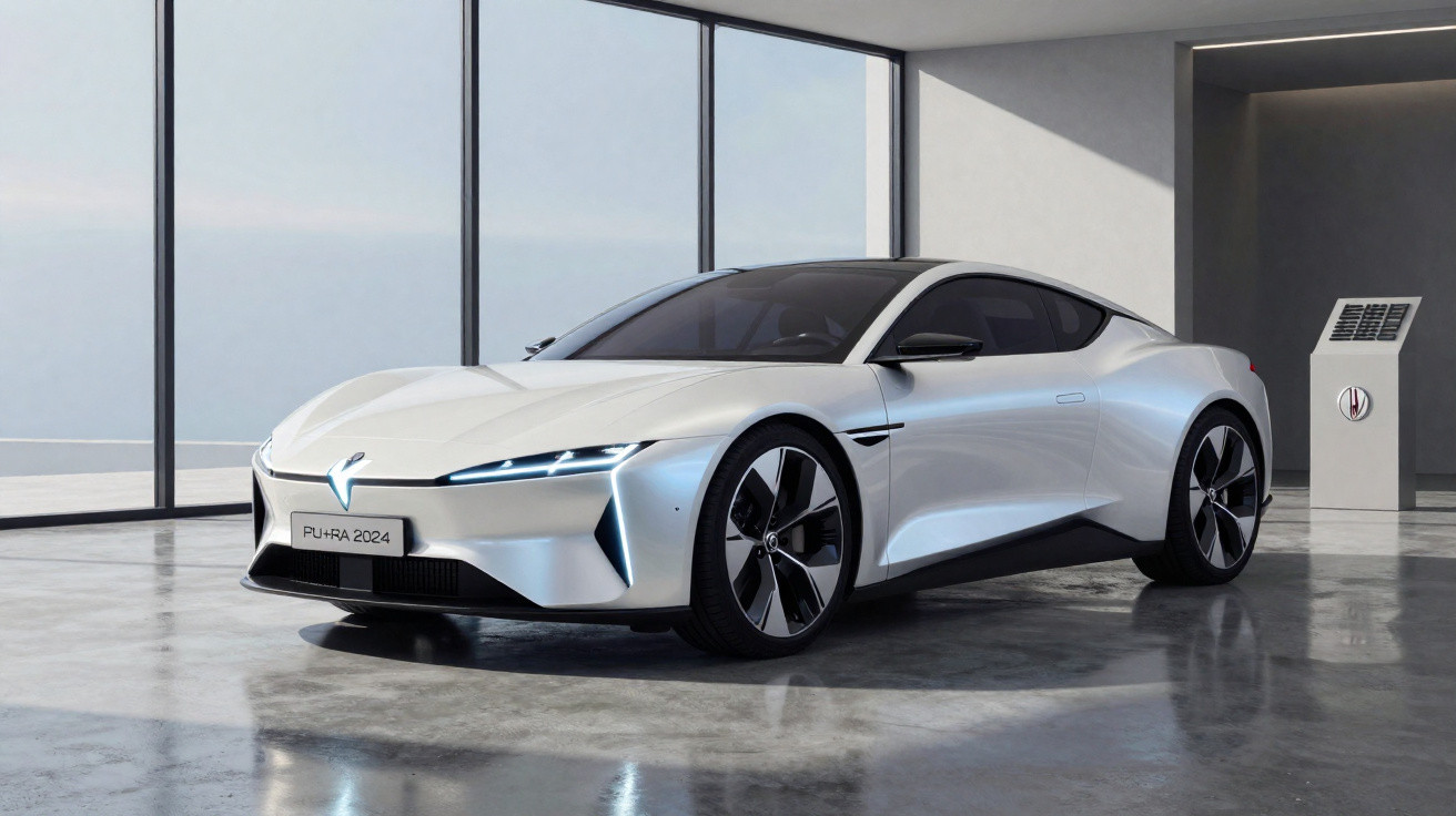Carro elétrico esportivo branco Futurá 2024 em showroom com grandes janelas e piso de concreto polido.