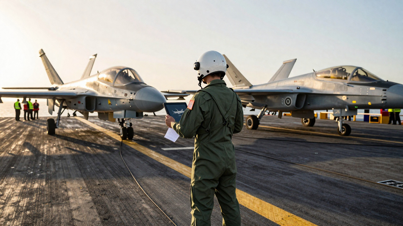 Militar com capacete observa aviões de caça estacionados no convés de um porta-aviões ao pôr do sol.