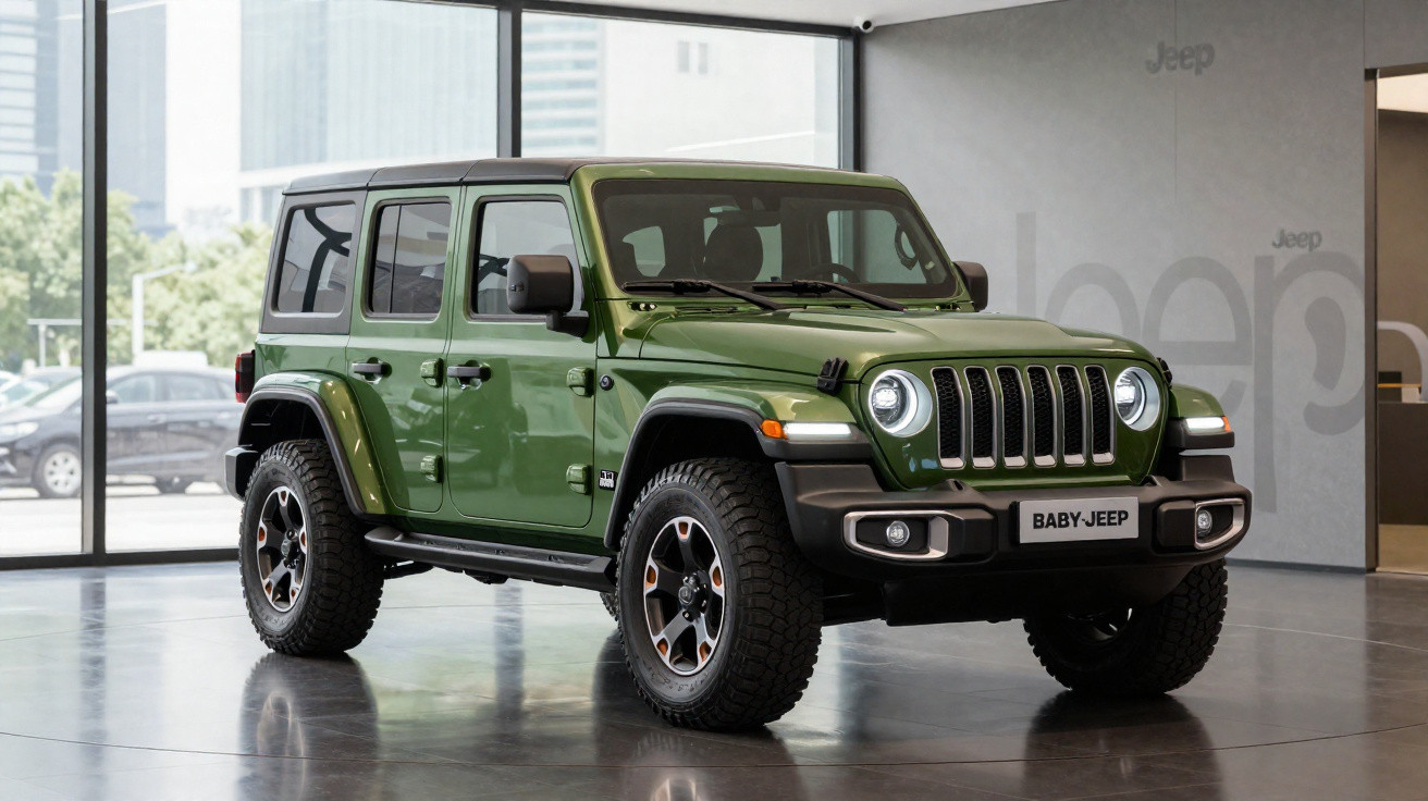 Jeep Wrangler verde com quatro portas em exposição dentro de showroom moderno.