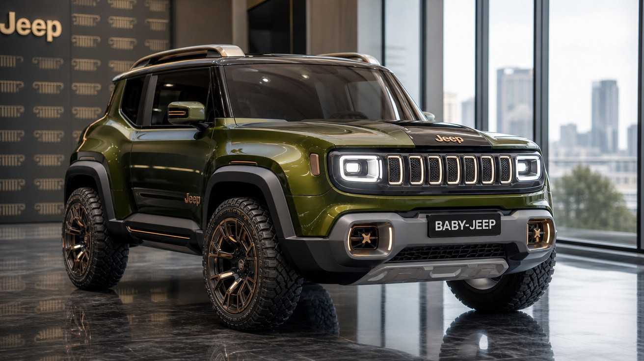 Carro Jeep verde modelo Baby-Jeep em exposição, com pneus robustos e faróis acesos.