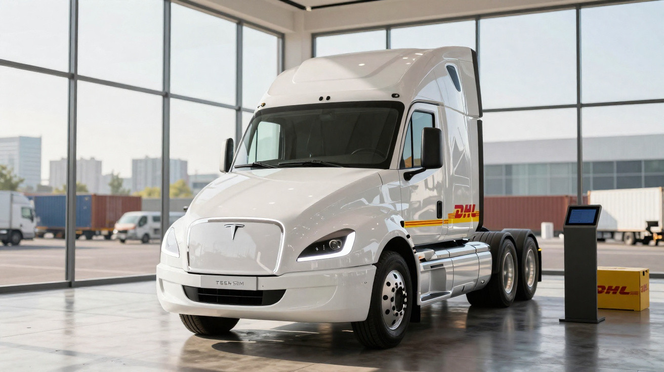 Caminhão elétrico branco da Tesla com logo da DHL em showroom com grandes janelas de vidro.