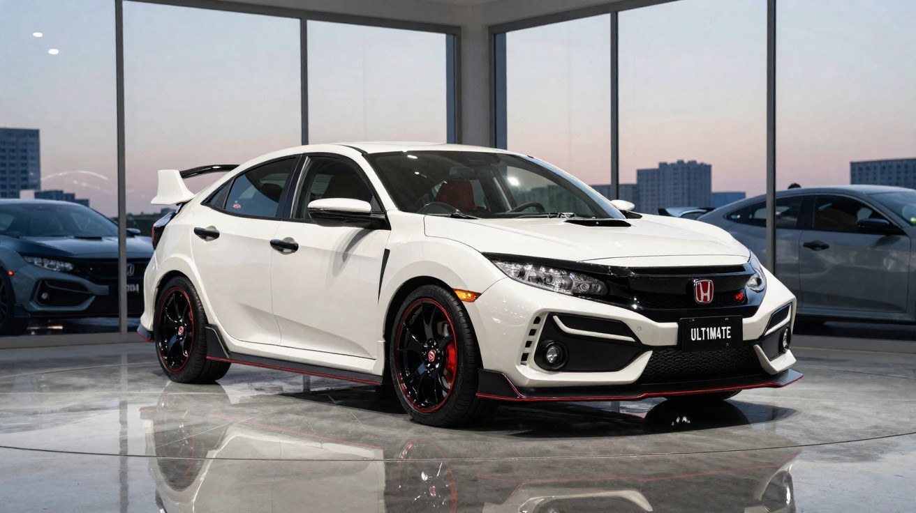 Carro esportivo Honda Civic branco em showroom com piso espelhado e grandes janelas ao fundo.