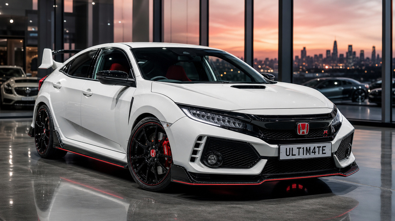 Carro esportivo branco Honda Civic Type R estacionado em showroom moderno ao pôr do sol.