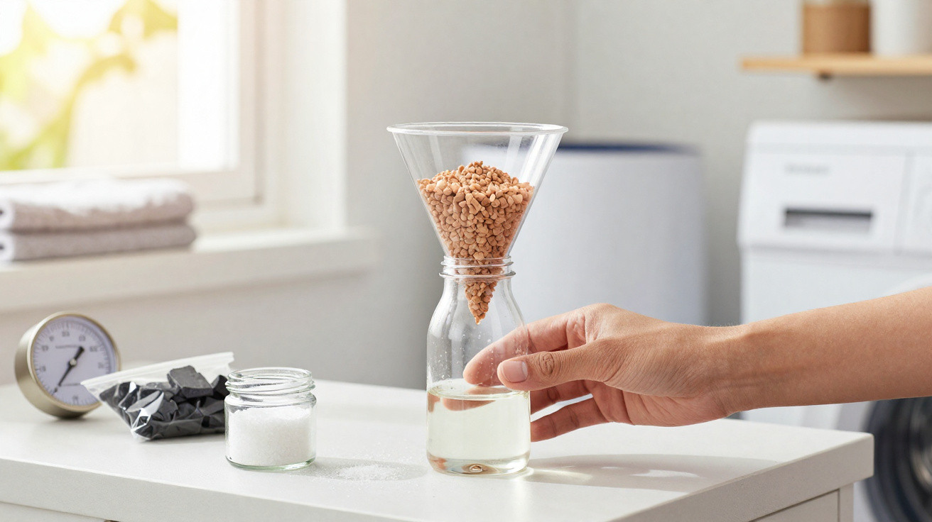 Mão segurando pote com feijão em funil para cozimento lento em panela de vidro na cozinha.