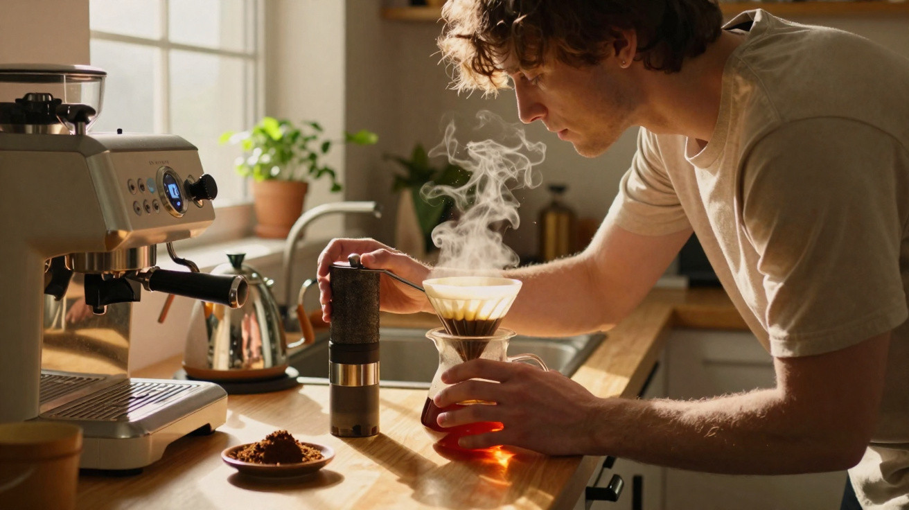 Homem preparando café coado fresco em dia ensolarado na cozinha doméstica.