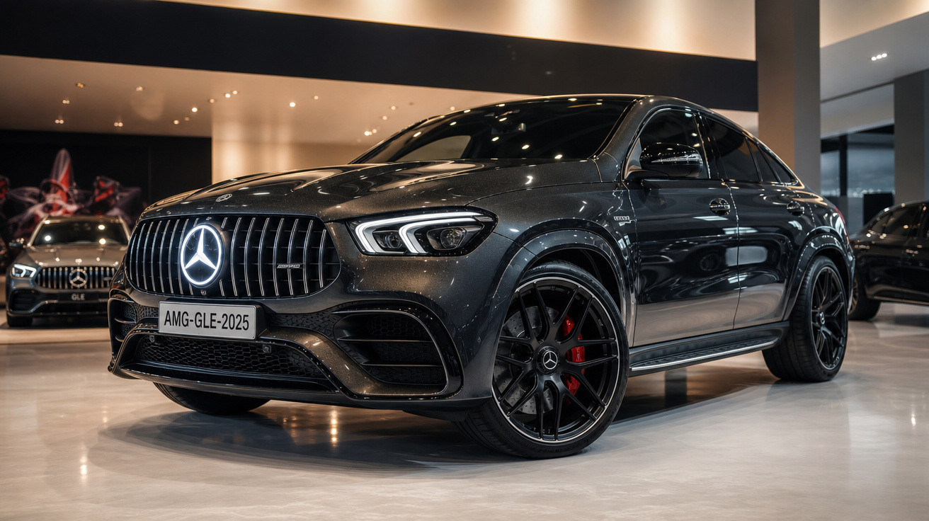 Carro Mercedes-Benz AMG GLE 2025 preto em showroom com rodas pretas e detalhes vermelhos.