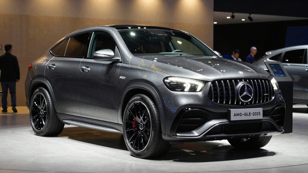 SUV Mercedes-Benz AMG GLE 2025 cinza metálico exibido em salão de automóveis.