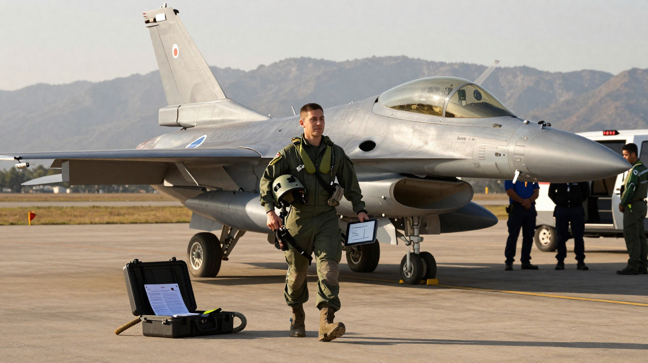 Piloto militar caminhando com capacete e certificado em frente a um caça F-16 estacionado na pista.