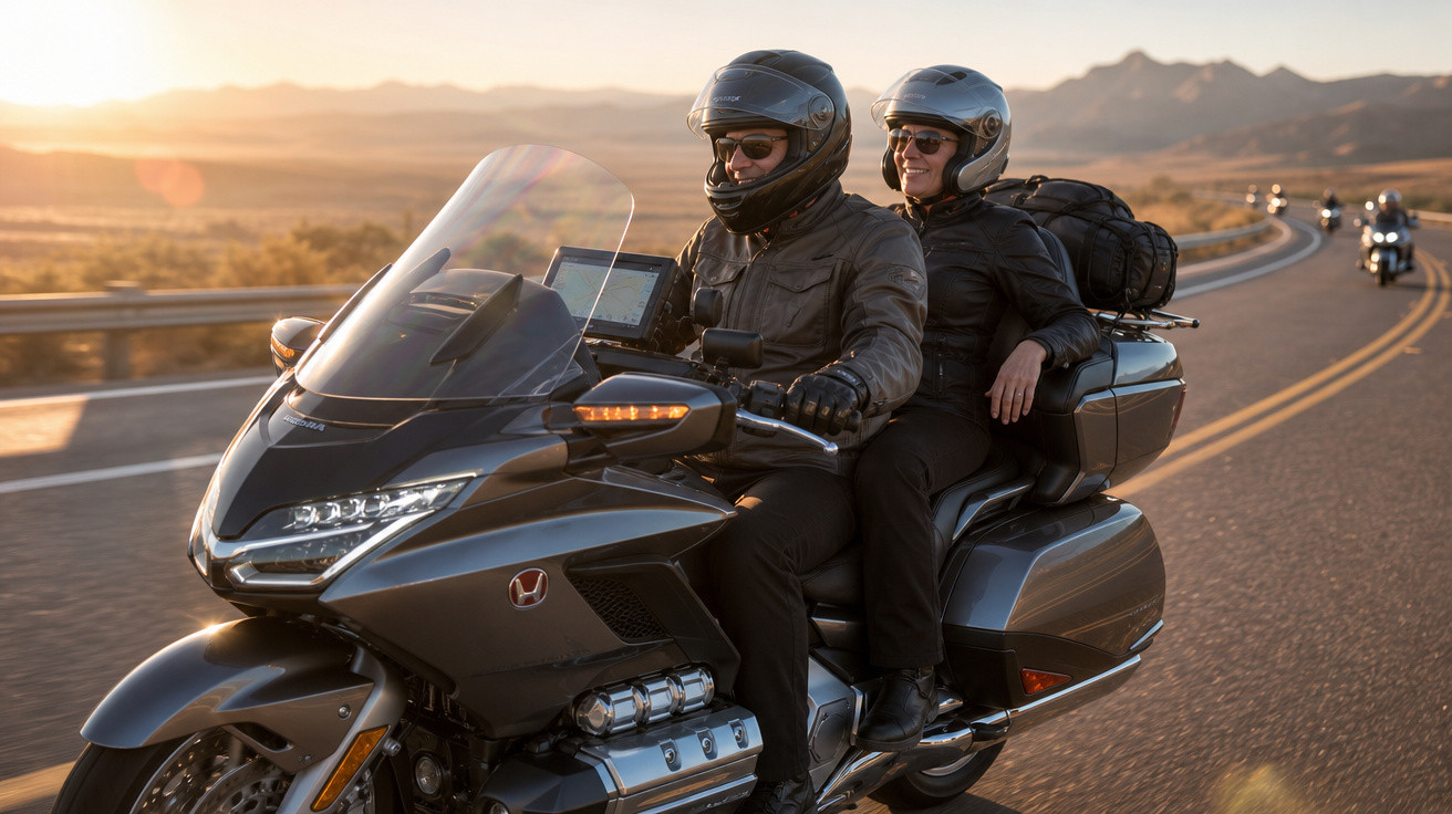 Casal de motociclistas usando capacetes e óculos pilotando em estrada ao pôr do sol, com montanhas ao fundo.