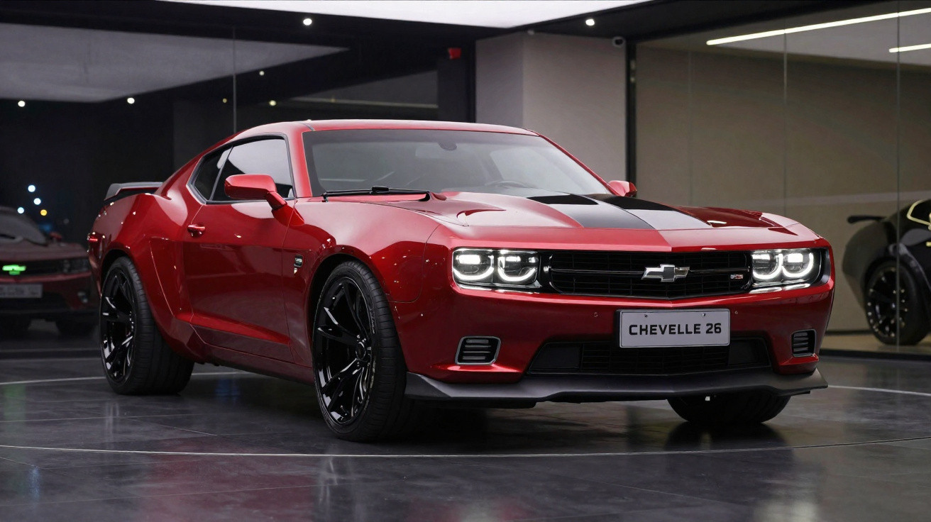 Carro esportivo vermelho com faixa preta no capô e rodas pretas, em garagem moderna com espelhos.