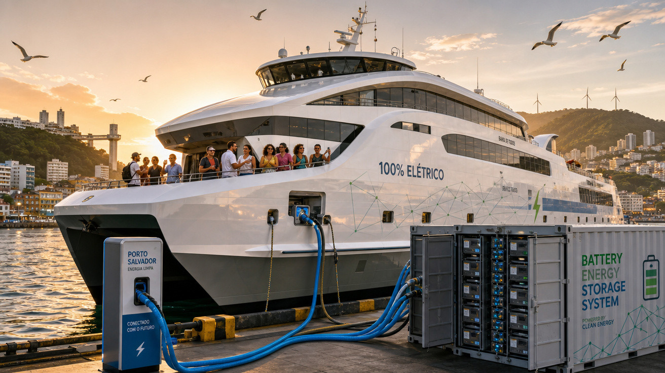 Ferry 100% elétrico conectado a estação de carregamento na costa ao pôr do sol com passageiros no convés.