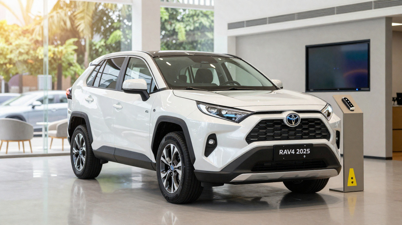 Carro Toyota RAV4 2025 branco exposto dentro de showroom moderno e iluminado.