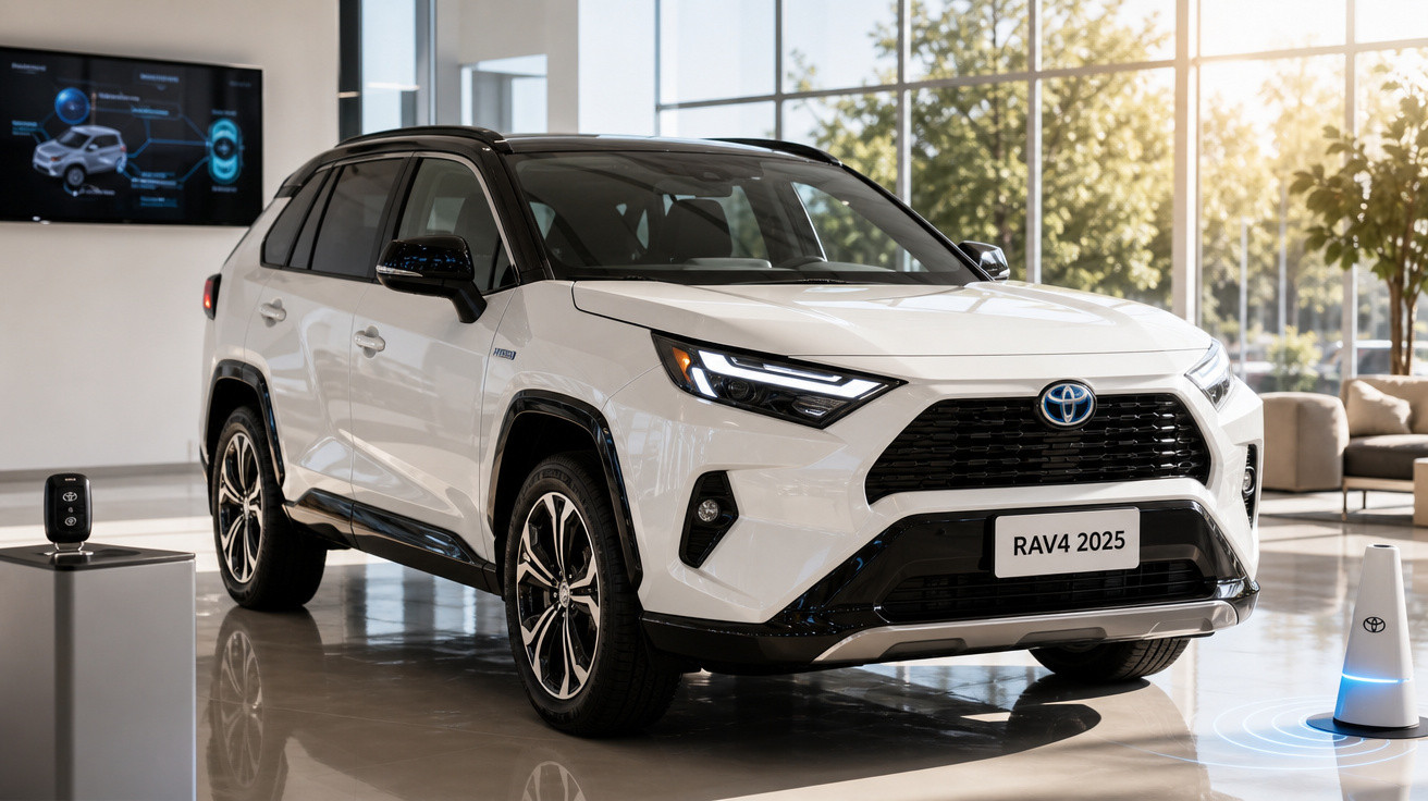 SUV Toyota RAV4 2025 branco exibido em showroom moderno com iluminação natural e tecnologia.