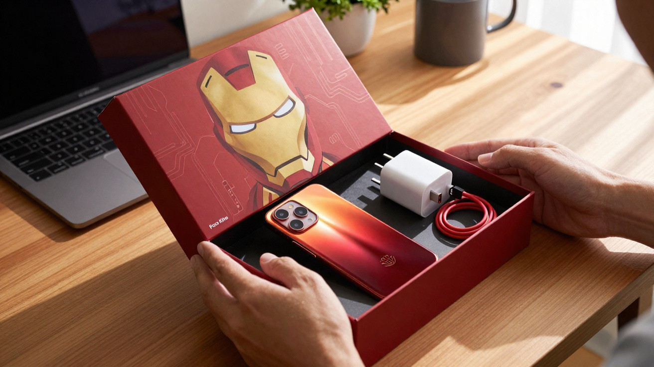 Mãos segurando caixa vermelha com celular, carregador, cabo e imagem do capacete Homem de Ferro.