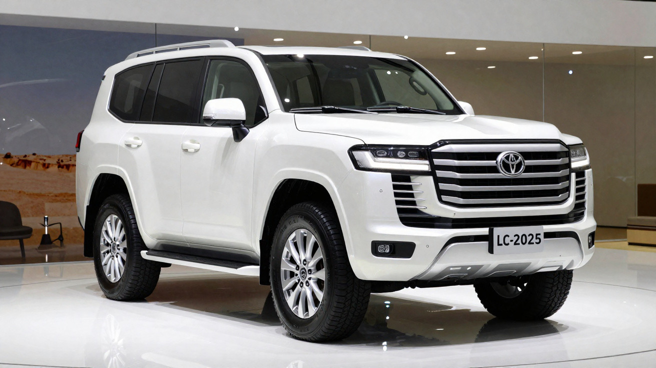 SUV branco modelo 2025 com design robusto exibido em ambiente interno moderno.