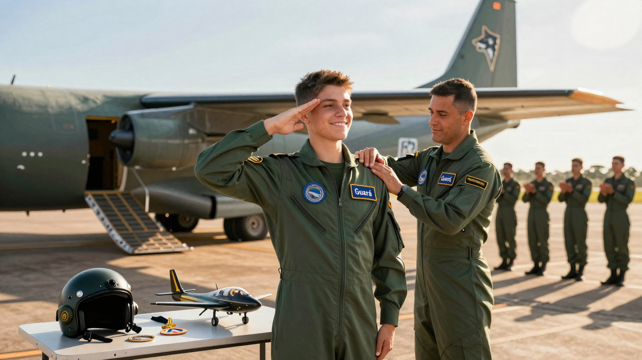 Militar em uniforme sendo condecorado por superior na pista de decolagem próximo a avião e capacete.