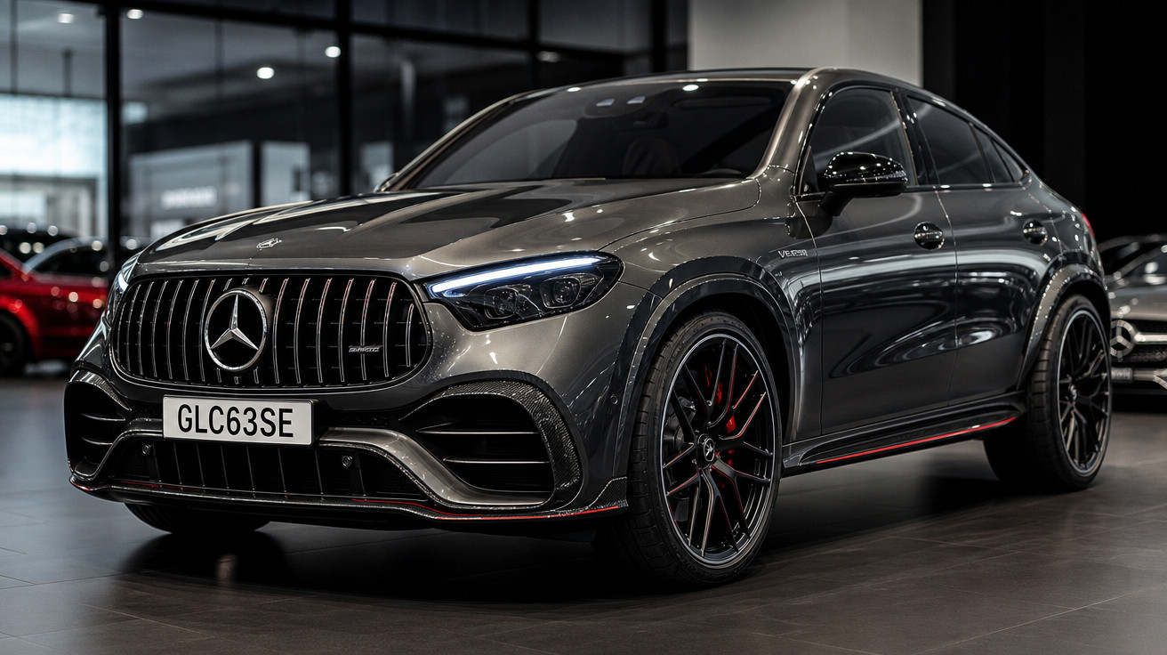Carro cinza Mercedes-Benz GLC63 S coupé exposto em showroom com rodas pretas e detalhes vermelhos.