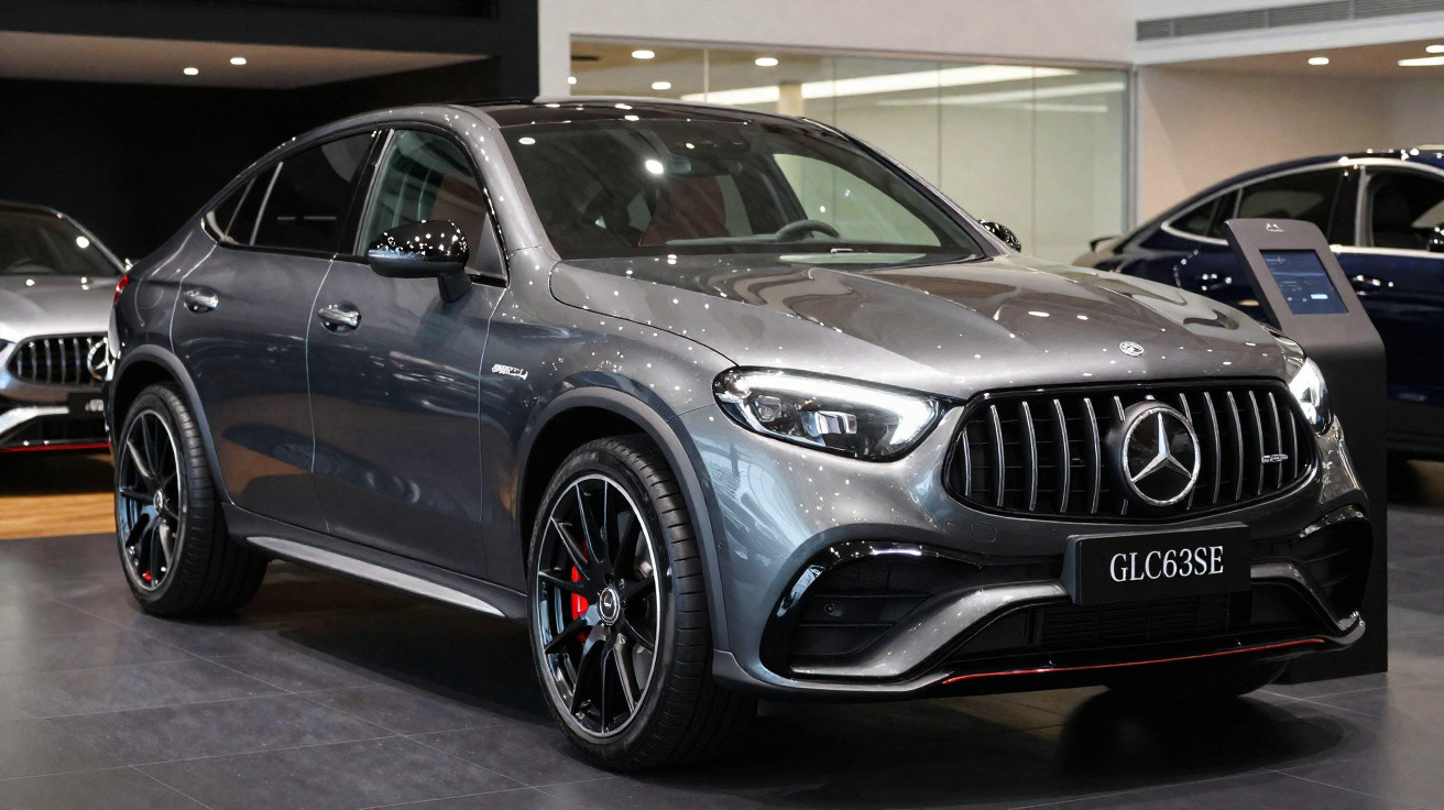 Carro esportivo Mercedes-Benz GLC63SE cinza metálico exibido em showroom iluminado.