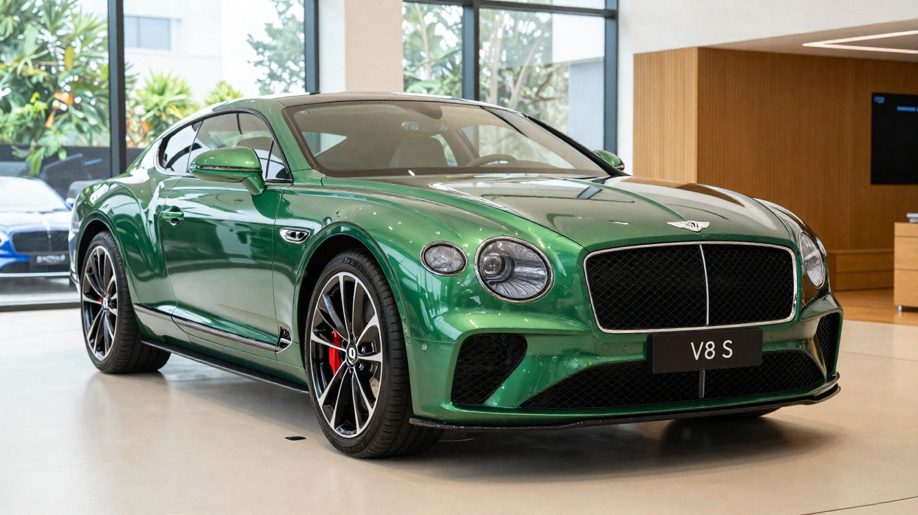 Carro esportivo verde Bentley Continental GT V8 S estacionado em showroom moderno.