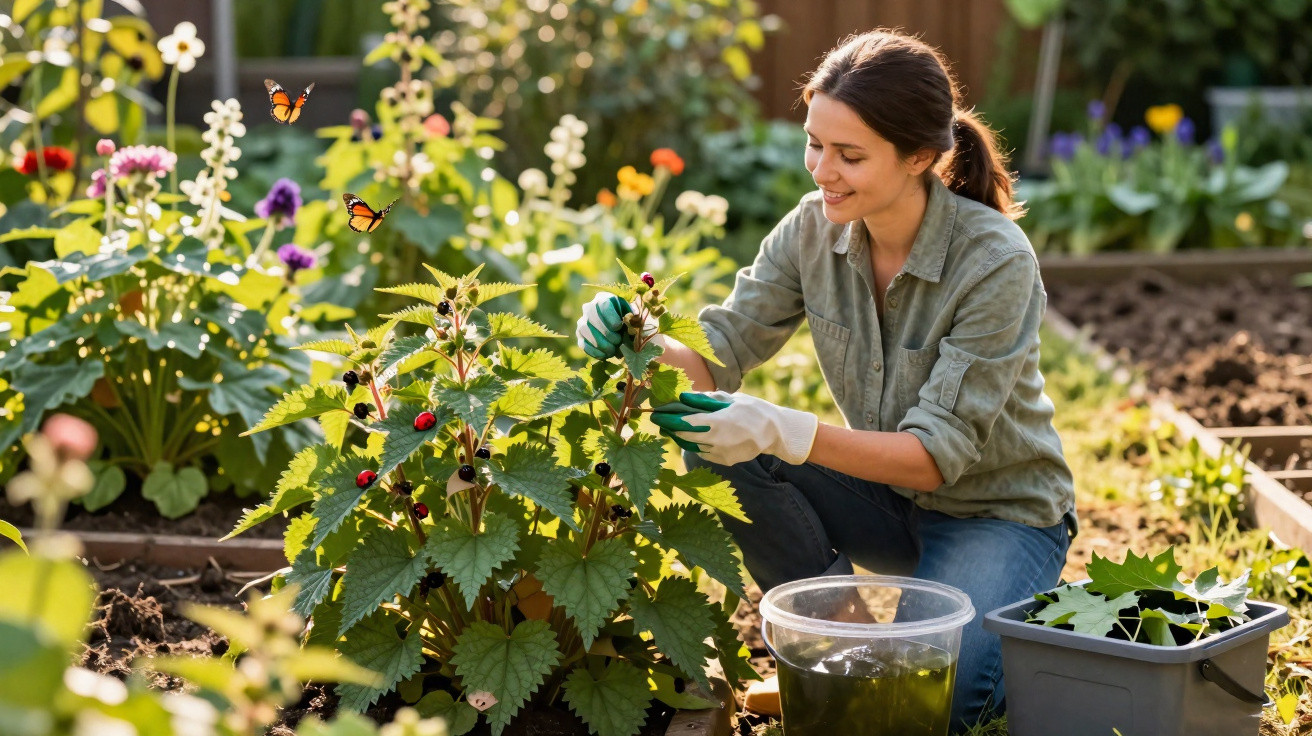 Mulher cuidando de plantas em jardim, usando luvas e sorrindo, com borboletas voando ao redor.