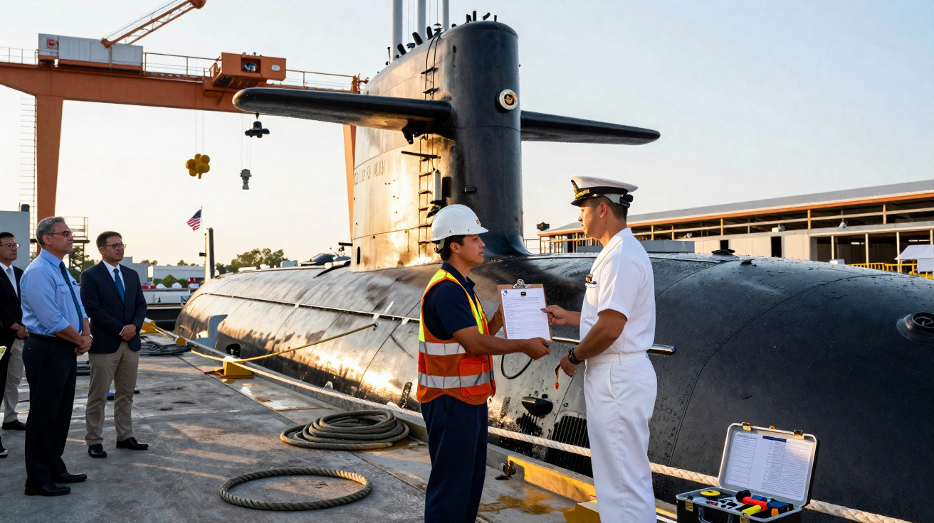 Técnico entrega documento a oficial naval em doca junto a submarino preto estacionado no cais.