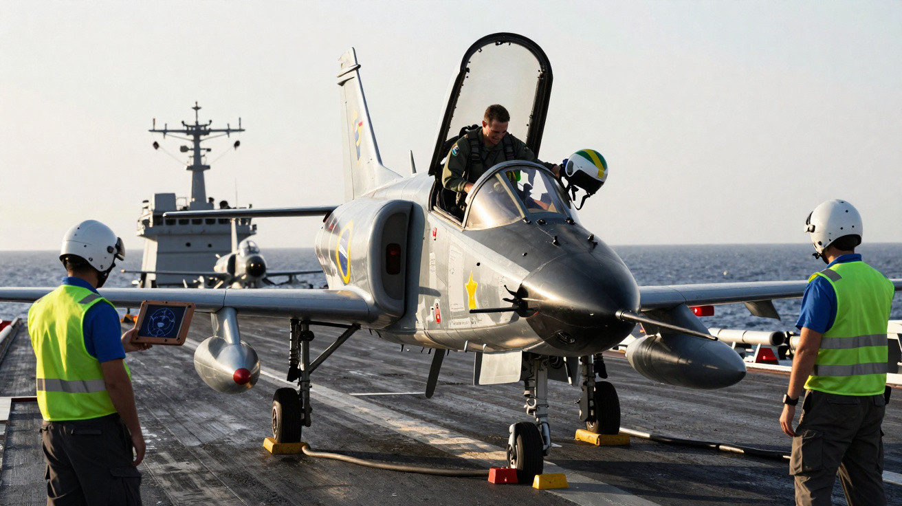 Piloto sai de caça A-4 Skyhawk em porta-aviões no mar, com dois agentes em coletes verdes observando.
