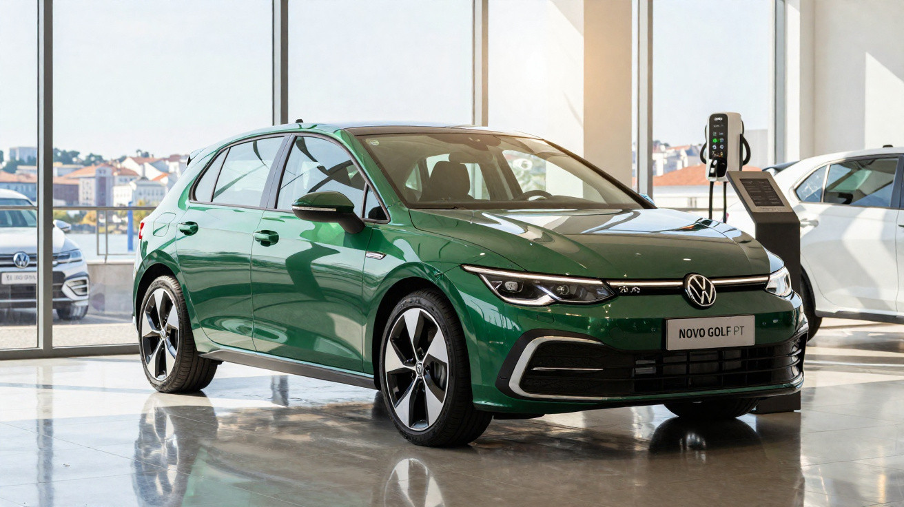 Carro verde Volkswagen Novo Golf estacionado em showroom com piso brilhante e grandes janelas ao fundo.