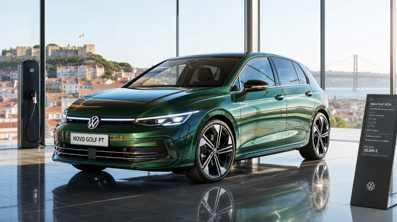 Carro Volkswagen Golf 2024 verde exibido em showroom moderno com vista para cidade e ponte ao fundo.